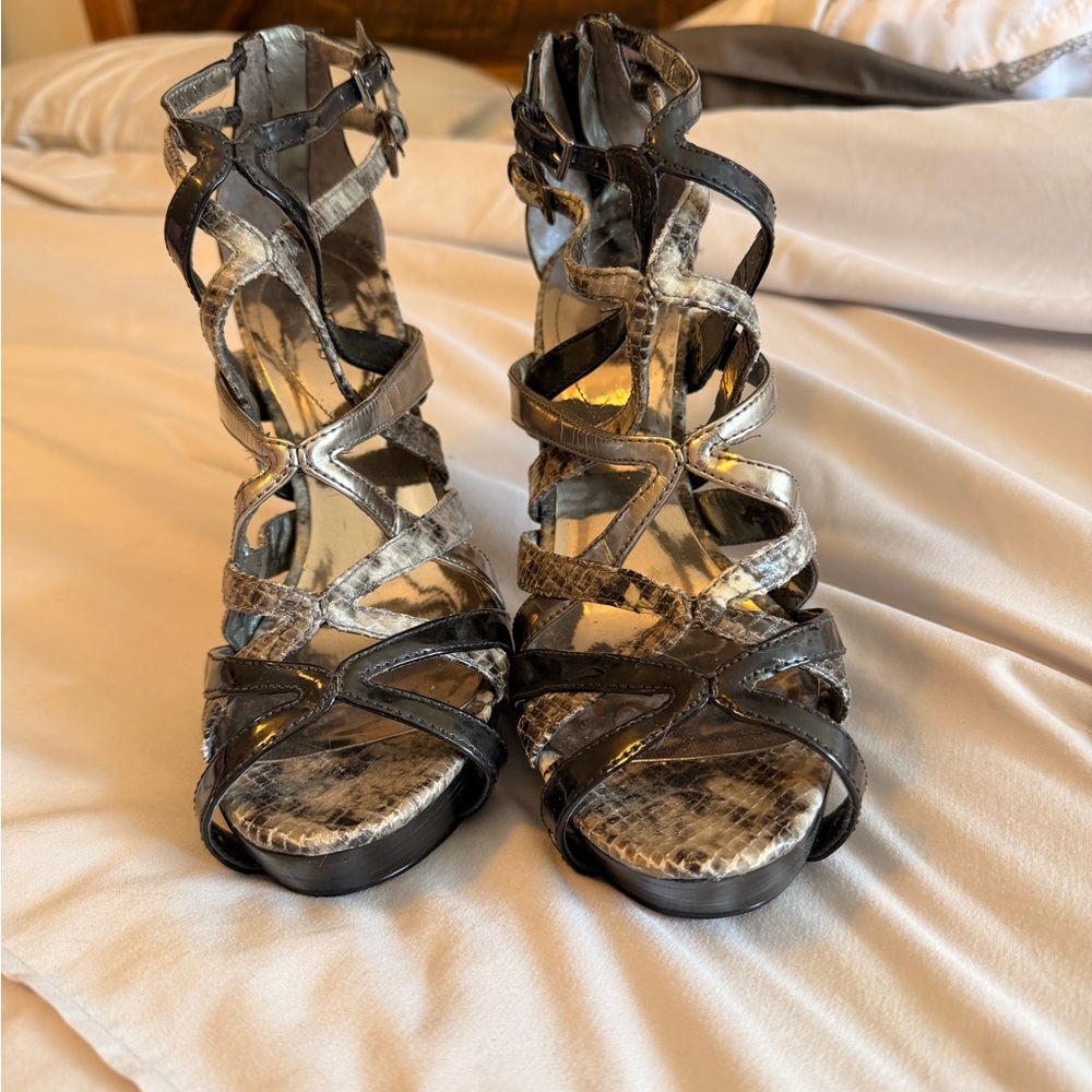 Guess Black and Silver Snake print Strappy Heels